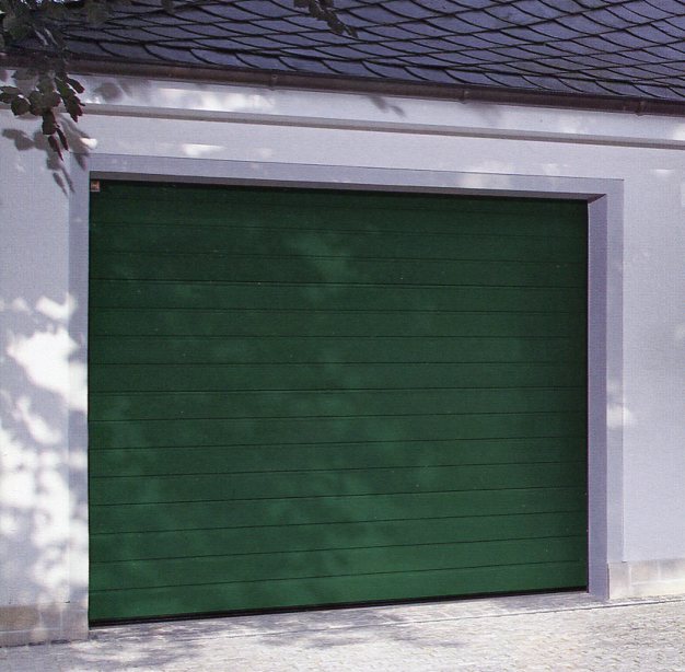 Hormann S-Rib custom sized sectional garage door in green